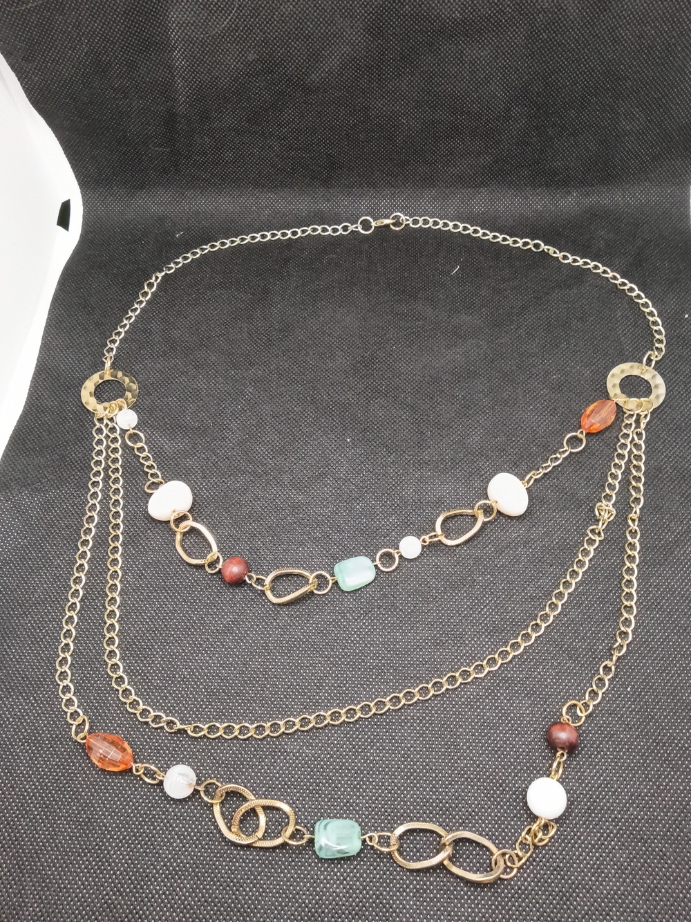 Layered Multi-Bead Gold-Tone Necklace in Green, White, Orange and Brown